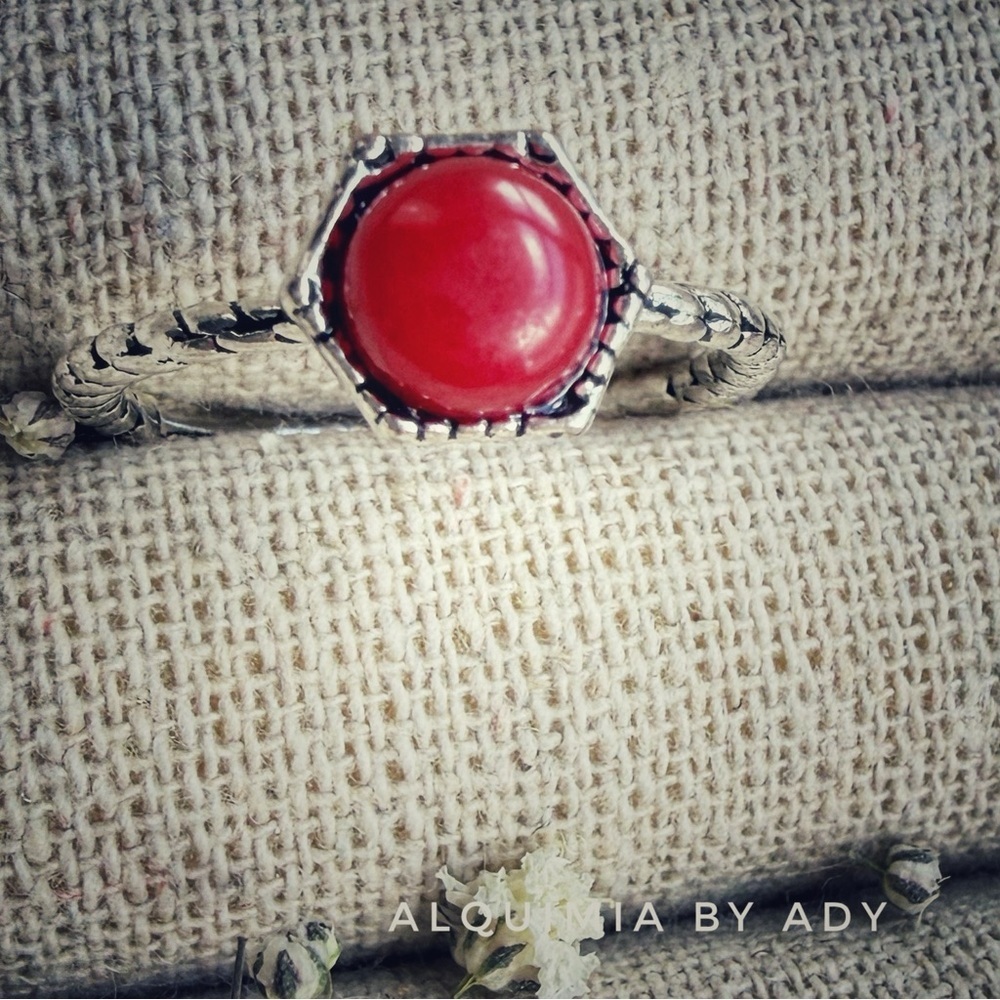 Red turquoise Stone Silver unisex Ring | pinky ring|hexagonal